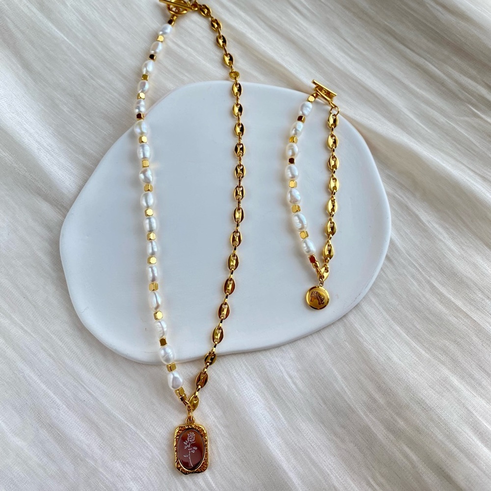 Half chain half pearl style fresh water pearl necklace and bracelet sets